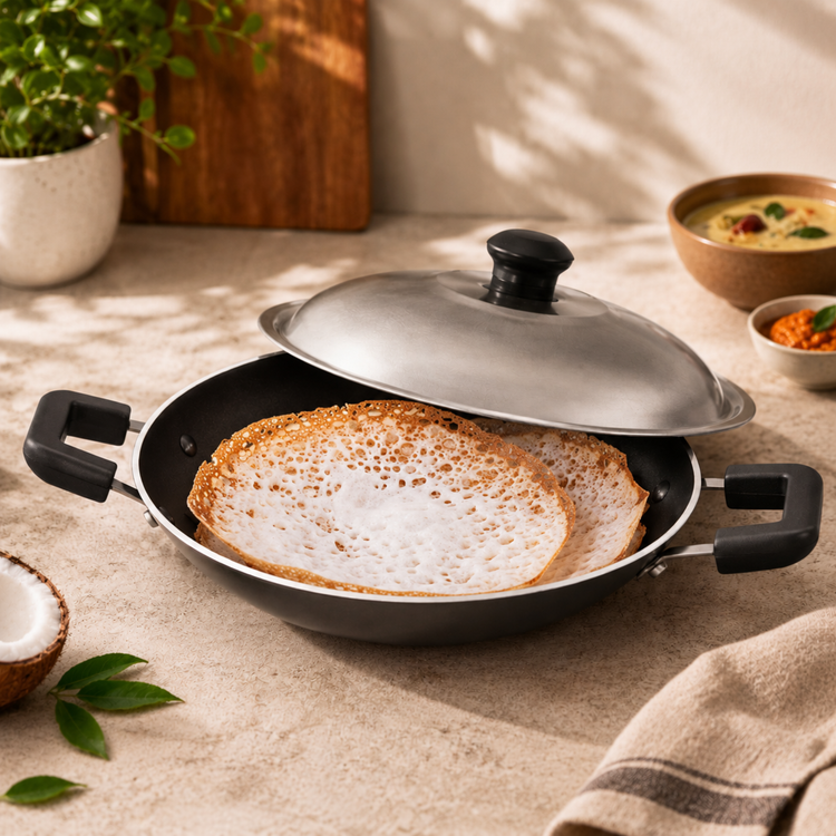 GABRY Classic Non-Stick Appachatty 20 cm | Steel Lid | Appam Pan