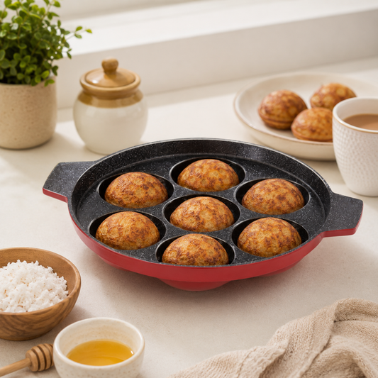 Gabry Aluminum Basic Nonstick Paniyarakkal with Free Scrubber, Heat Resistant Bakelite Handle, Dishwasher Safe and Metal Spoon Friendly
